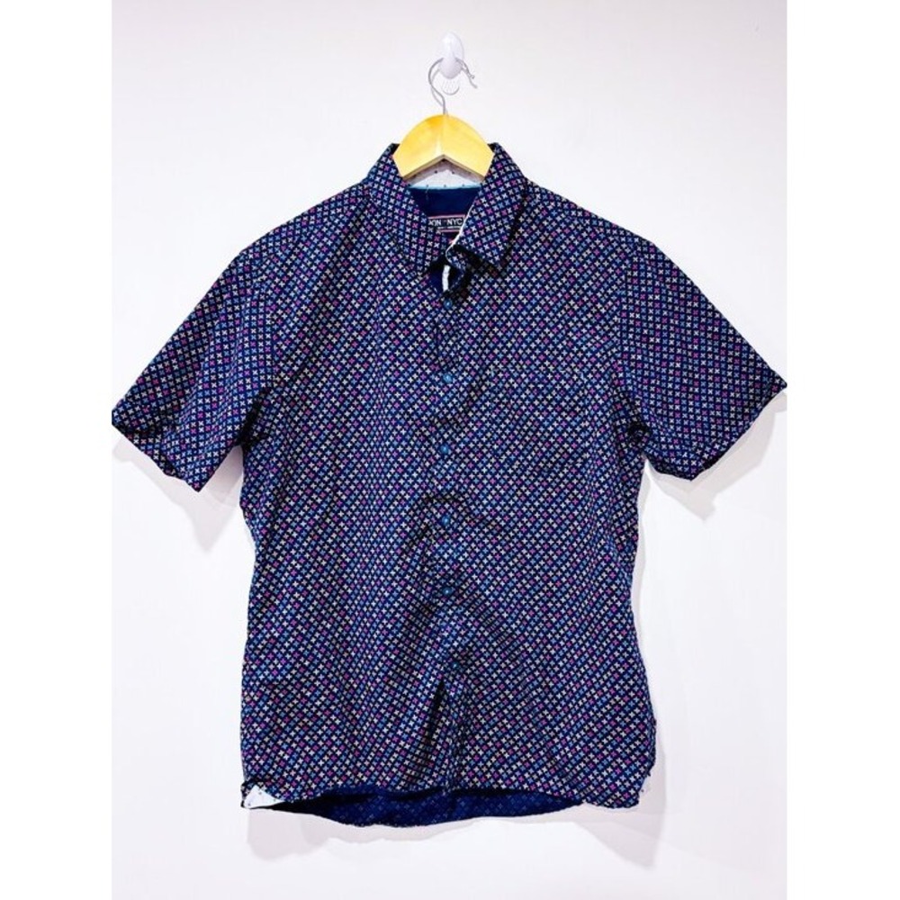 LON NYC Navy Micro Floral Cotton Short Sleeve Button Up Shirt Medium